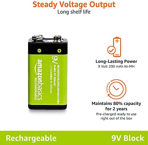AmazonBasics 9V Cell Rechargeable Batteries 200mAh Ni-MH, 4-Pack & AA High-Capacity Rechargeable Batteries, Pre-charged - Pack of 8 (Appearance may vary)