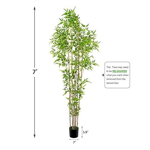 Worth Garden Bamboo Silk Trees Artificial Plants, 7Ft Realistic Faux Bamboo Tree, Tall 82In Greenery Office Indoor Outdoor Decor, 1500 Green Leaves & 7 Thin Trunks, Black Pot & 20G Dry Moss Included #TOP2