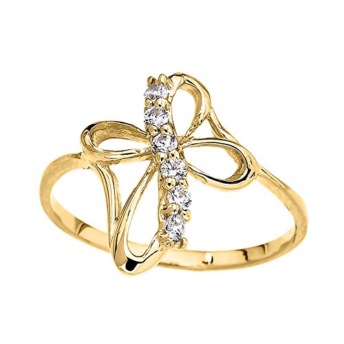 Dainty 10k Yellow Gold Modern CZ Open-Style Cross Ring (Size 9)