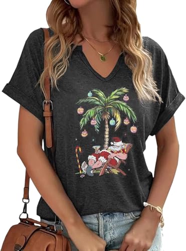 Women's Christmas Palm Tree V Neck Shirt Funny Xmas Santa Lights Graphic Short Sleeve Tee Winter Holiday Beach Tropical Vacation Tops(L,R-A-Grey)