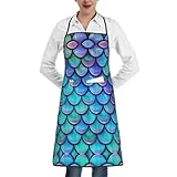 LJABCVNN Schürze mit Meerjungfrauen-Motiv, Fischschuppen-Druck, mit Tasche, Kochschürzen für Küche, Kochen, Grillen und Grillen, für Damen und Herren, weiß, One size