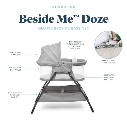 Baby Delight Beside Me Doze Deluxe Baby Bassinet, Bedside Sleeper, Foldable, Removeable Canopy, Pebble Grey - Thumbnail 4