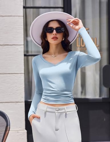 Ekouaer Womens 3 Pack Long Sleeve Shirts V Neck Ribbed Slim Fit Basic Tops Thermal Undershirts Casual Tee Light Blue/Pink/Light Green Large — view 4