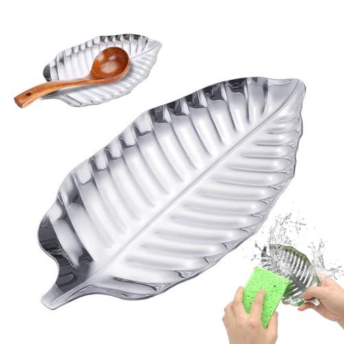 Spoon Holder Kitchen Rest, No Rust No Mold Stainless Steel Silver Tea Spoon Rest Leaf Shape Small Cooking Spoon Rest for Countertop Cutlery Spatulas Tongs, with Washing Up Sponge