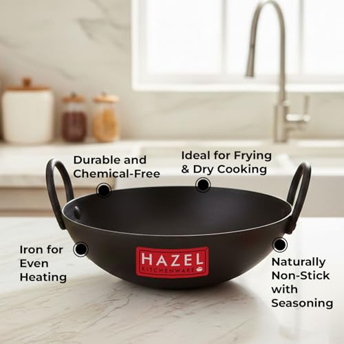 Image of HAZEL Iron Kadhai with Black Handle | 26cm, 2.3L | Lohe ki Kadhai | Traditional Healthy Cooking Utensils | Heavy Base Iron Wok