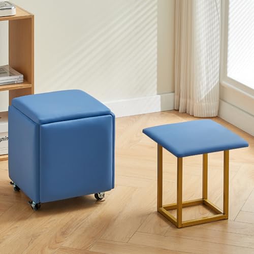 QTQHOME Silla otomana 5 en 1, taburetes apilables móviles con ruedas, taburete cuadrado de cuero para sala de estar, comedor (13.7 pulgadas, azul)