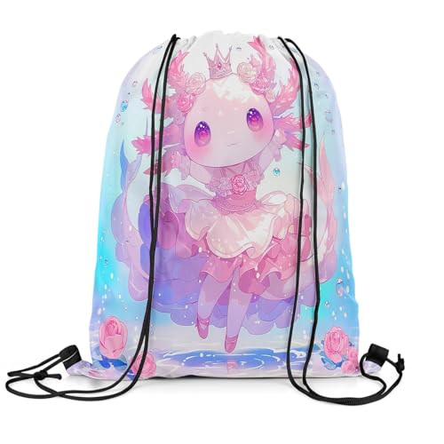 Erosebridal Princess Axolotl Drawstring Backpack 13x15.7 for Sport Gym Swim Yoga Camping Traveling Trip,Ballet Axolotl Drawstring Bags,Cute Salamander Draw String Back Bag,Sealife String Backpack2