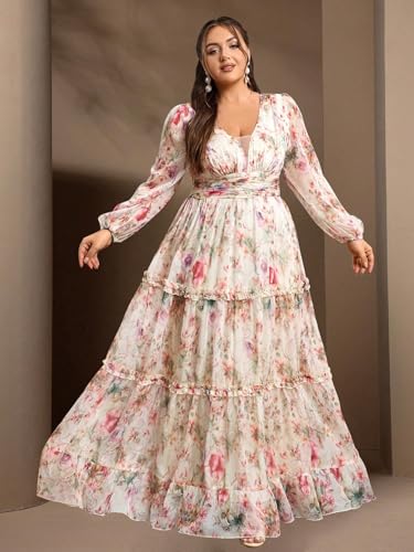 Image of Spring Summer 2024 Plus Size Womens Dresses V Neck Casual Elegant Long Sleeve Floral Print Maxi Dress