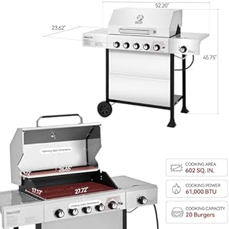 Royal Gourmet GA5401T 5-Burner BBQ Liquid Propane Gas Grill with Side Burner, Stainless Steel 61,000 BTU Output for Patio Garden Picnic Backyard Cooking, Silver