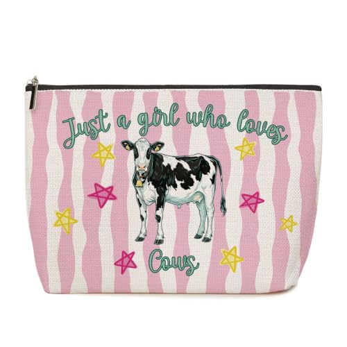 Lovdazzles Funny Cow Gifts for Girls Makeup Bag Pink Striped Cosmetic Bag