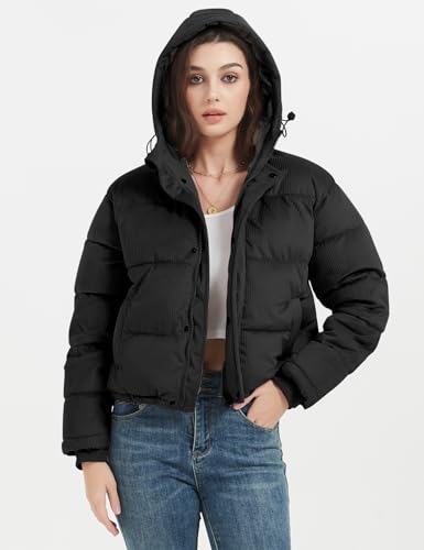 Flygo Puffer Jacket Womens Cropped Corduroy Hooded Winter Jackets Warm Quilted Long Sleeve Bubble Down Coats3