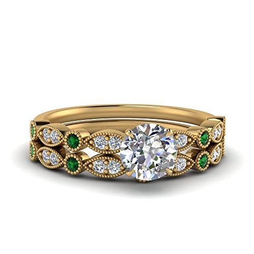 Ensembles d'anneaux de mariage marquise en plaqué or jaune avec anneau pois millegrain assorti