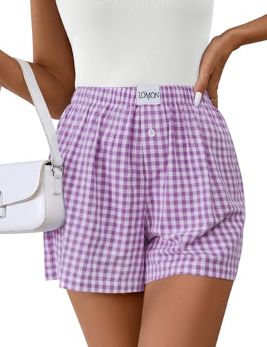 Image of LOMON Womens Boxer Shorts Casual Summer 2026 Pajama Lounge Sleep Pj Gingham Plaid Shorts Y2K Beach Bottoms