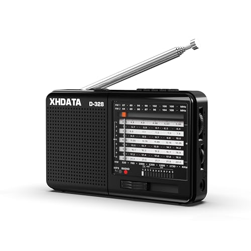 XHDATA D-328 portable rechargeable radio with FM/MW/SW, stereo radio with earphone jack, portable multimedia speaker with USB/micro SD Card. (Black)