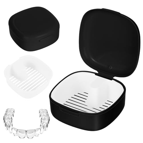 Vexnaro Caja Ferula Dental, Caja de Baño para Dentaduras, Caja de Prótesis con Colador, Contenedor para Dientes Postizos, Ideal para Uso Diario, Viajes y Almacenamiento de Prótesis (negro*1)