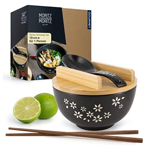 Moritz & Moritz Ramen med blommor svart inklusive lock och sked för soppa, pho och sushi skål – inkl. ätpinnar, lock och sked