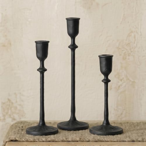 BANOMII Antique Candlestick Holders Set of 3 Cast Iron Taper Candle Holder for Dining Table Centerpiece Fireplace Mantel Decor Vintage Tall Candle Stands Christmas Decorations Matte Black
