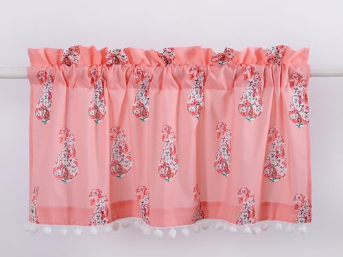 Image of Ravaiyaa - Attitude is everything Hand Printed Half Window Kitchen Curtain 100% Cotton Short Drapery Valance Curtain 40 inch X 18 inch Inch (Pink Paisley)
