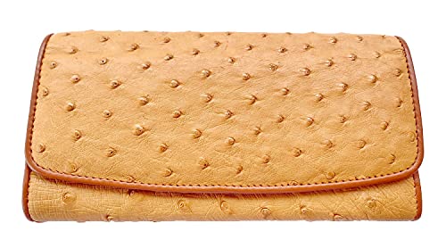 Julie Genuine Real Ostrich Skin Leather Trifold Clutch Long Golden Tan Wallet