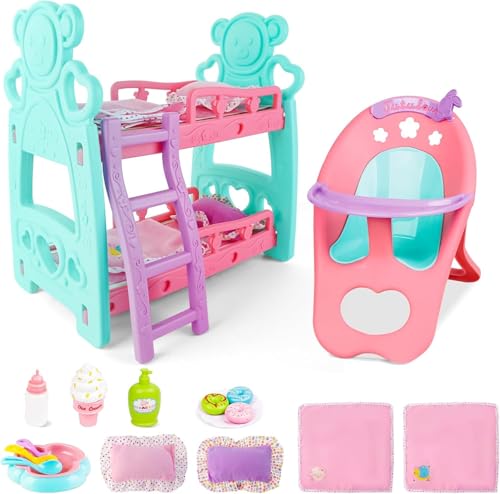 deAO Baby Doll Bunk Bed Crib & High Chair Doll Furnitures Accessories Bed Doll Crib for Twin Dolls fits 12 13 14 Inch