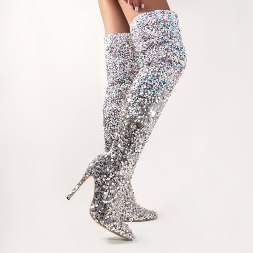 Women's Thigh High Glitter Boots Over The Knee Sexy Stilettos High Heel Boots Rhinestone Sequin Side Zipper Sparkly Ladies Party Dress Boots3