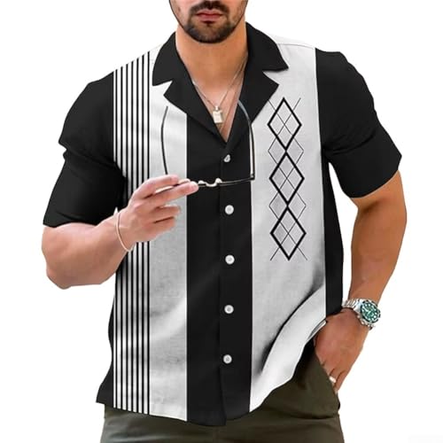 Oniissy Men's Casual Retro Bowling Shirt Vintage Striped Short Sleeve Button Shirt, Men's Retro Bowling Shirt Short Sleeve(L Black)