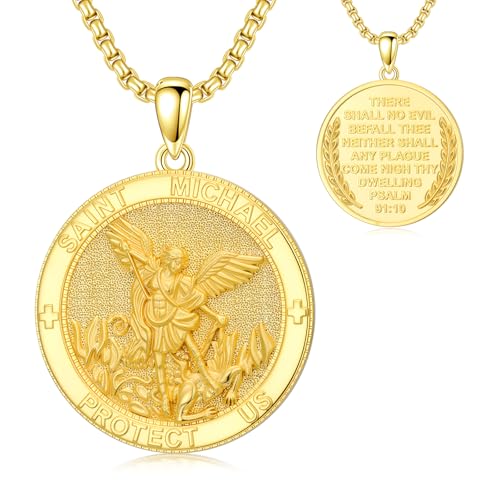 Taioiat 14K Gold St Michael Pendant for Men Saint Archangel Michael Necklace Gold Medal San Miguel Arcangel Medalla Amulet Religious Jewelry