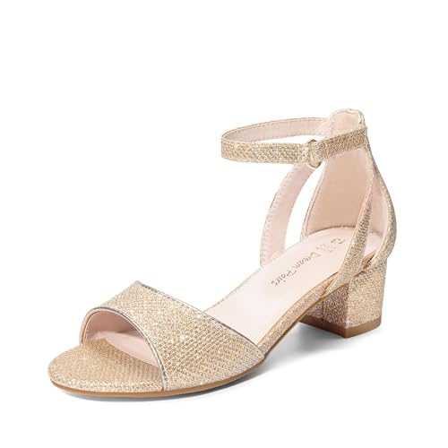 DREAM PAIRS Girls Sandals Chunky Pump Ankle Strap High Heels Dress Open Toe Flower Wedding Party for Little Big Kid