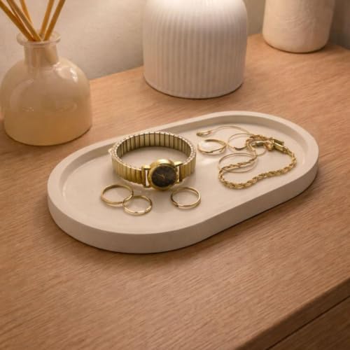 Image of Aesthetic Handmade Big Oval Trinket Tray Handmade | Jewelry Organizer | Vanity Tray for Women | Minimalist Home Decor, Candle Holder & Multipurpose - (20 x 11 cm)