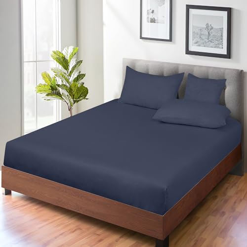 Image of ROYALE LINENS 300 Thread Count 100% Long Staple Combed Cotton Fitted Sheet California King - Super Soft Deep Pocket Bottom Sheet - Fitted Sheets Only - Elastic Sheets (Cal King, Navy)