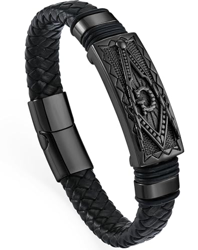 YL Black Masonic Leather Mens Bracelet 316L Stainless Steel Freemason Masons Religious Cuff Handcrafted Jewelry Gifts 9.1