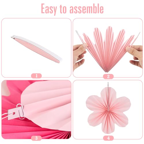 Image of Easy Joy Hot Pink Paper Flowers Decorations for Wall Pink Paper Fans Classroom Decoration Paper Floral Backdrop Decor Paper Fans Decoration Hanging Paper Fans Pink Flower Wall Decor, Set of 9