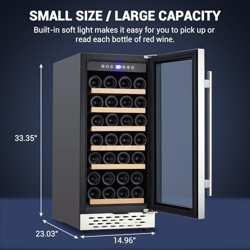 Image of 15 Inch Wine Cooler - Compressor Refrigerator with Lock, 28 Bottle Freestanding Wine Cellar, Dual Zone with Digital Temperature Control, Glass Door, and Beverage Cooler.