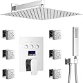 HONGTONGSOWER 12 Inch Ceiling Shower System in Wall, 3-Function Shower Faucet Set with Dual Shower Body Jet and Handheld Spray, Temperature Digital Display Shower Diverter Valve, Chrome