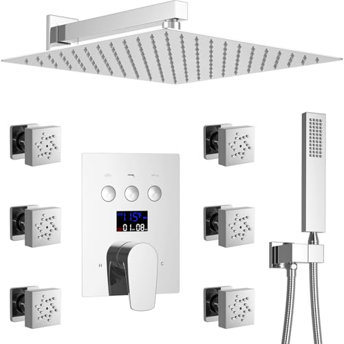 HONGTONGSOWER 12 Inch Ceiling Shower System in Wall, 3-Function Shower Faucet Set with Dual Shower Body Jet and Handheld Spray, Temperature Digital Display Shower Diverter Valve, Chrome
