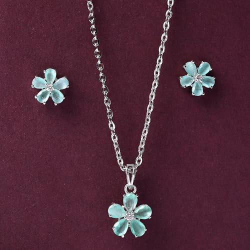 Image of ZENEME Rhodium Plated Silver Toned American Diamond Studded Floral Shaped Pendant Chain With Earrings Jewellery Set For Women And Girls