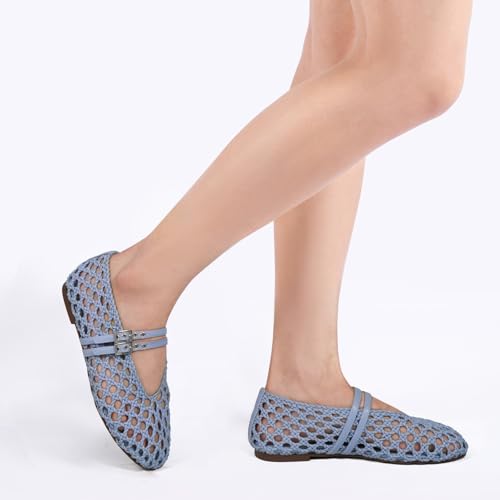 Image of Women's Woven Mary Jane Flats - Mesh Ballet Flats with Adjustable Double Metal Buckle Strap and Round Toe