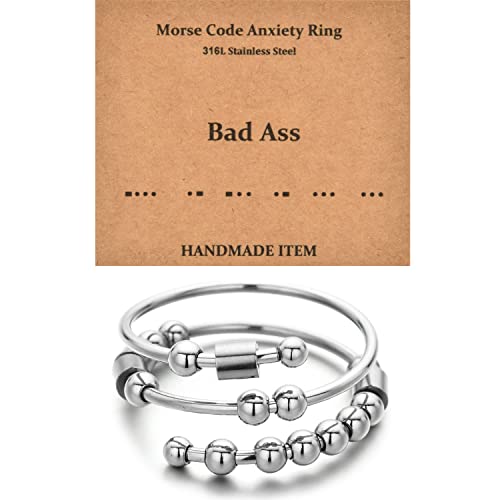 GOGOEY Morse Code Rings for Women, Stainless Steel Spinner Ring Fidget Rings for Anxiety Ring Morse Code Rings Inspirational Gifts Jewelry Women Birthday Graduation Gifts for Her Best Friends (02 B*d A*s)