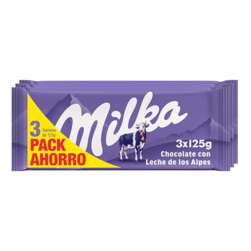 Milka Tableta de Chocolate con Leche, Pack Familiar 3 Tabletas, 125g | Tableta Milka de chocolate con leche de los Alpes, para disfrutar en cualquier momento del día