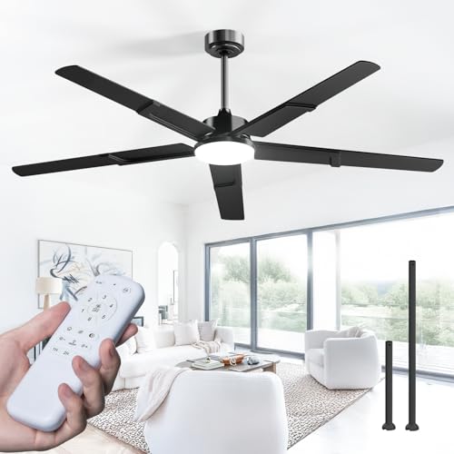 Image of Amico 62 Inch Ceiling Fans with Lights and Remote, Black Indoor /Outdoor Ceiling Fan with 6 Speed, Reversible DC Motor, 3CCT, Dimmable, Noiseless modern ceiling fan for Bedroom, Living Room, Patio