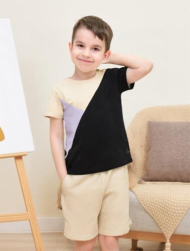 Image of Ayzozuy Boy Clothes Colorblock Top + Drawstring Waist Shorts 2 Pieces Kid Summer Outfits Set