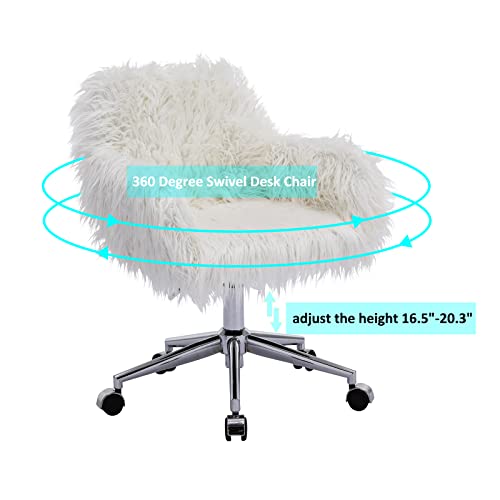 HomVent Fluffy Desk Chair Pink Faux Fur Vanity Chair Adjustable Swivel Computer Chair on Wheels Height Adjustable Cute Desk Chair for Makeup Room Teen Girls Bedroom Home Office (White)
