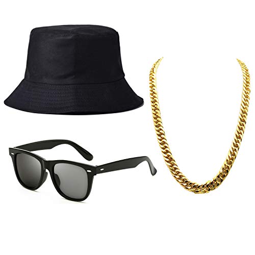 ZeroShop 80s/90s Hip-Hop Costume Kit - Cotton Bucket Hat,Gold Chain Beads,Oversized Rectangular Hip Hop Nerdy Lens SunGlasses (OneSize, Black)