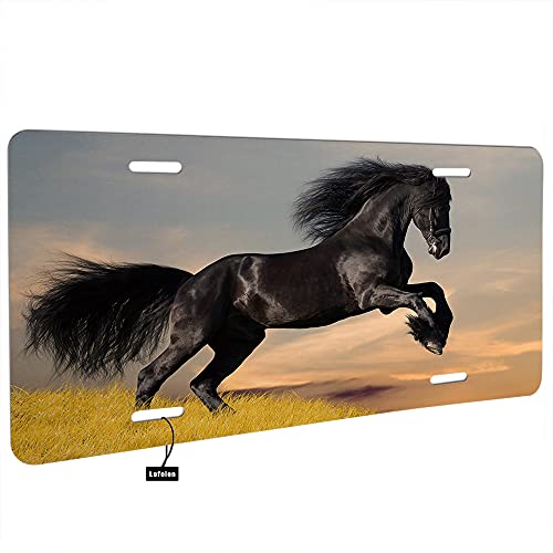 Lefolen Front License Plate Covers Black Horse Gallop Sunrise,Nature Animal Mane Herd Grassland Jump Sunset Auto Car Tag Vanity Plates Aluminum Novelty Metal Plate For Men Woman 6" X 12" #TOP1