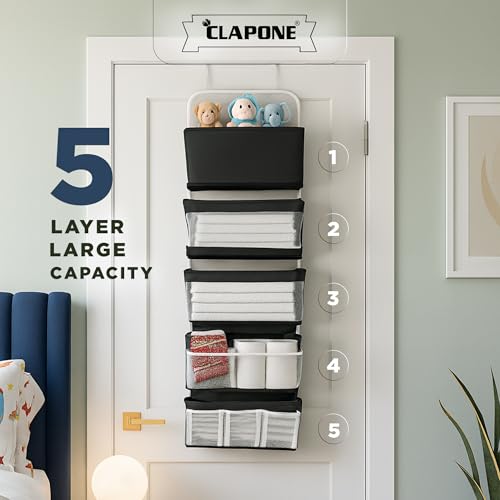 Image of CLAPONE Over the Door Organizer /Large Pockets - Anti-Tilt Hanging Storage for Bedroom /Closet Door Storage /Bathroom /Pantry /Nursery /Bedroom (Black, 5 Shelf Hanging Door)