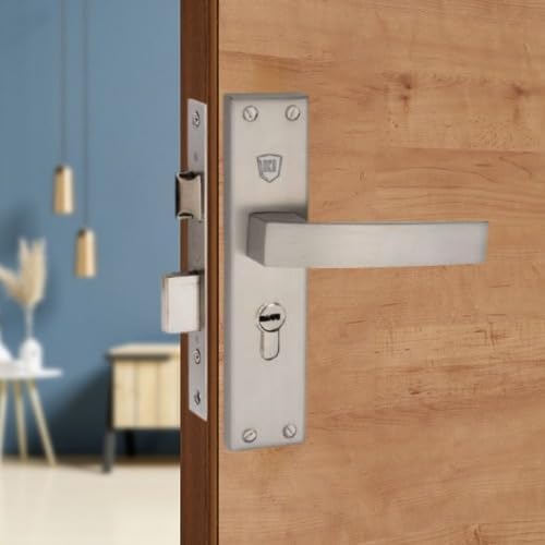 Image of 8 inch Zinc Mortise Lock Set | Main Door Handle Set with Brass Lock Body | Satin Matt Finish | 6- Lever 65mm Brass Cylindrical Door Lock Set for Home, Hotel,Living Room (1016 SS)