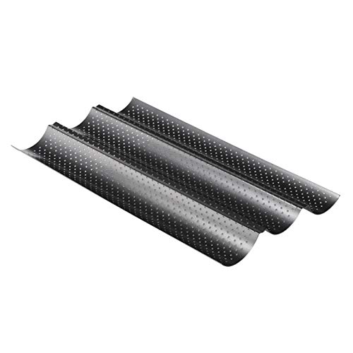 Meinposten. Baguetteform Blech für 3 Baguettes antihaft beschichtet Baguetteblech, Schwarz, Oblong, 38 x 24 cm, Karbonstahl, Baguette, belegte Croques-Hälften, klassisch