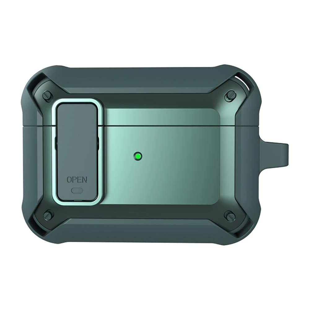 T Teclusive Luxury Defense Armor Protective Cover Case Compatible for Airpods Pro with Hook Buckle | Unbreakable Defender Case with Switch Lock Button (Green)