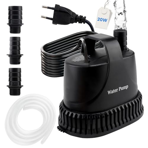 EXLECO Bomba Aguas Sucias Sumergible 1200L/H 20W 220V Achique Agua Pequeña Bomba de Fuente Exterior Presion de Agua para Piscina Estanque Jardin, 2M Cable 1 Manguera 2 Boquillas