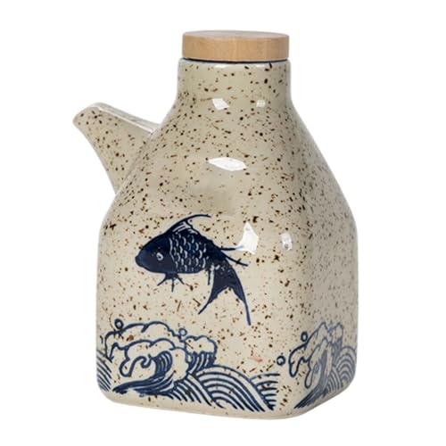 ZhangJJJJJJJ Grande bouteille d'huile de cuisine, distributeur d'huile en céramique, avec couvercle en bois, distributeur de sauce style poisson